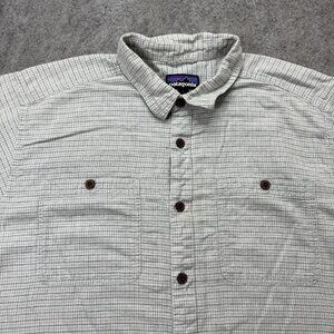 Patagonia Back Step Shirt Men L Light Gray Plaid Short Sleeve Hemp Cotton 53139